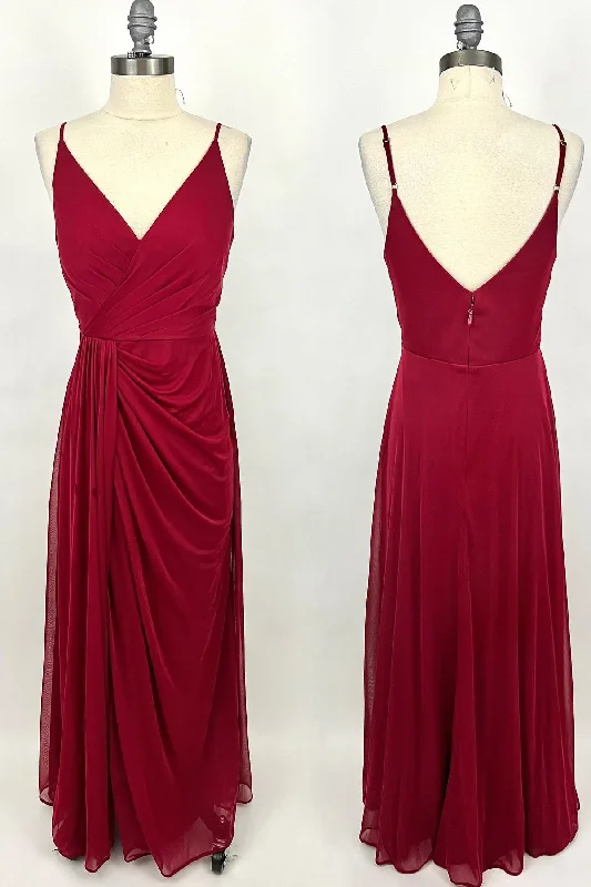 Best Seller fitted dressWine Red Ruched V Neck Long Bridesmaid Dress