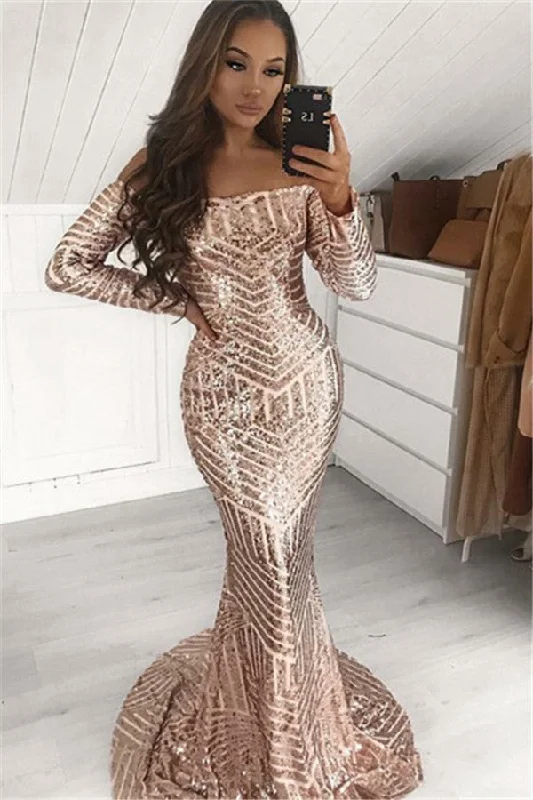 Super Sale Chic Sequins Off-The-Shoulder Long-Sleeves Mermaid Prom Dresses