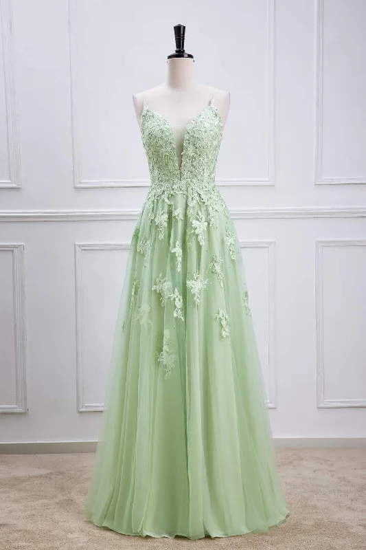 casual day dressSage Green Plunging V Lace-Up Appliques A-line Long Prom Dress