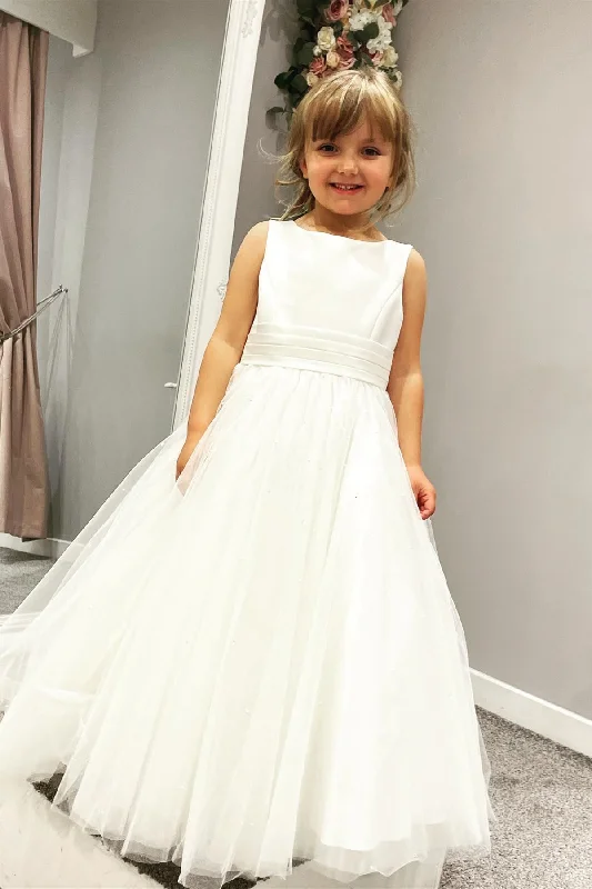 stylish dressWhite Jewel Sleeveless Beaded Long Flower Girl Dress with Pleated Sash