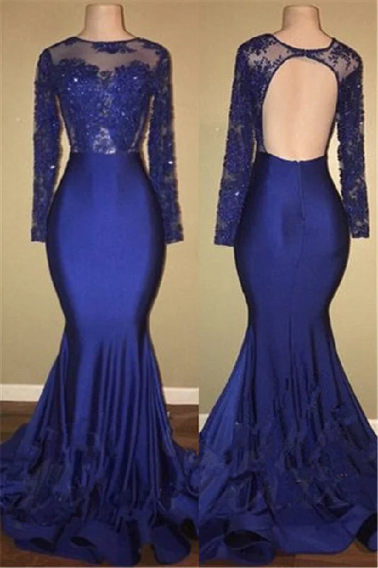 Exclusive Deal Chic Open Back Royal Blue Real Model Prom Dresses Lace Long Sleeves Mermaid Evening Gown