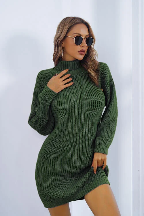 casual midi dressButtoned Turtleneck Long Sleeve Sweater Dress