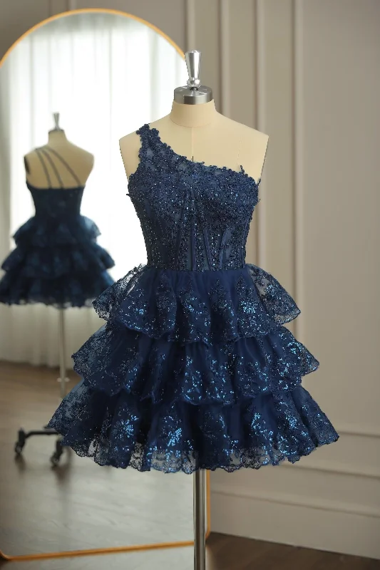 Discount Deals spaghetti strap dressDark Navy One Shoulder Appliques Multi-Layers Tulle Homecoming Dress