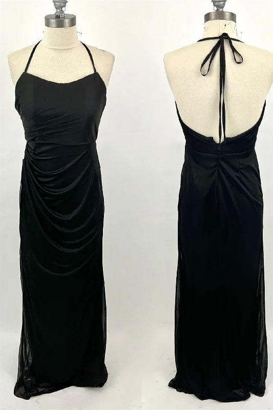 Super Deal elegant shift dressHalter Straps Black Mermaid Ruched Long Bridesmaid Dress