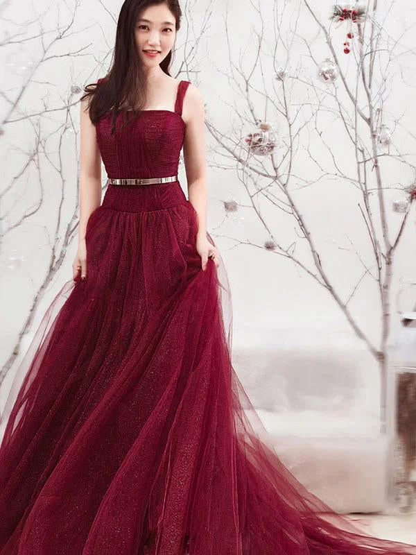 Special Price Long Prom Dresses Straps Aline Sexy Sweep Train Burgundy Lace Prom Dress JKL1274