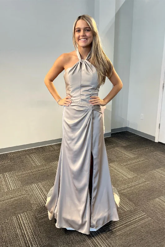 Overstock casual knit dressGrey Satin Halter Mermaid Long Prom Dress with Slit