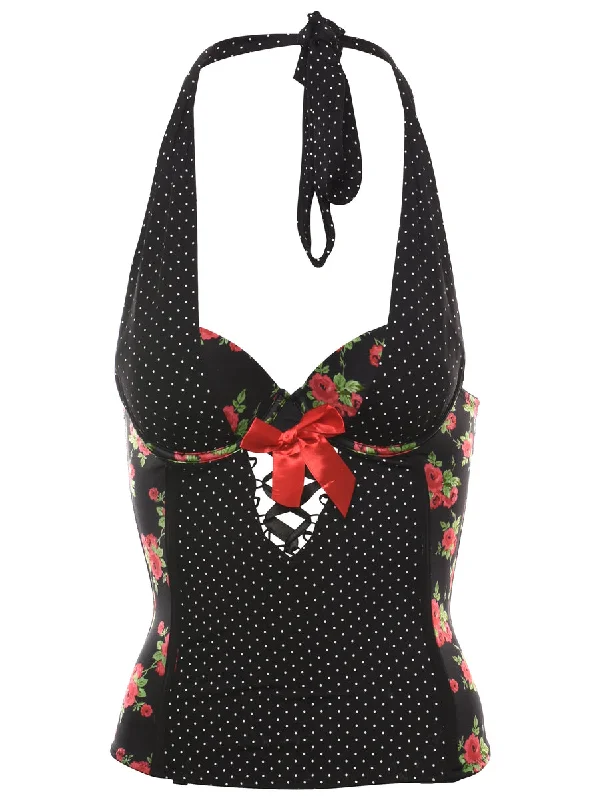 Clearance Sale Floral & Polka Dot Print Halterneck Corset - XS