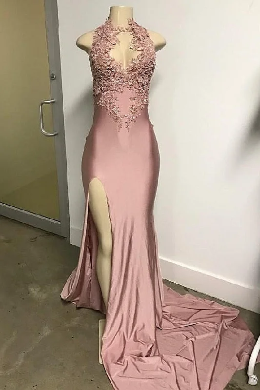 One-DAY Sale Pink Sleeveless Front Slit Appliques Long Mermaid Prom Dresses