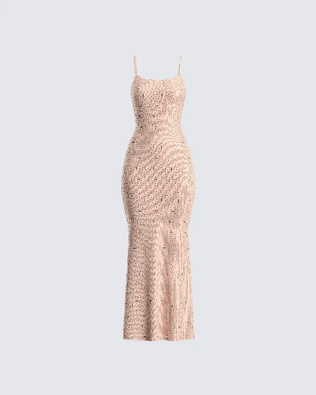 comfy maxi dressLan Nude Rhinestone Maxi Dress