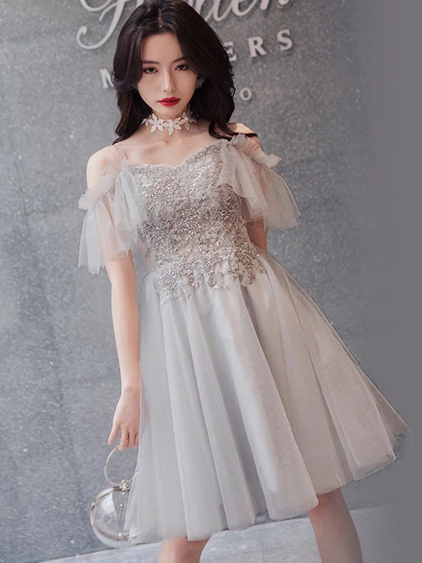 Deal Dash Spaghetti Straps Silver Homecoming Dress Unique Appliques with Beading Short Prom Dress,Party Dress TB332 Deal Dash Spaghetti Straps Silver Homecoming Dress Unique Appliques with Beading Short Prom Dress,Party Dress TB332
