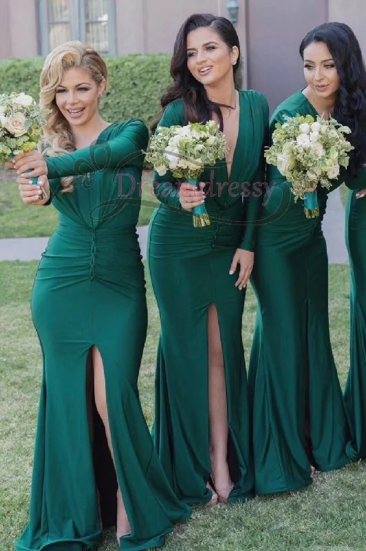 modern dressLong Sleeves Green Mermaid Long Bridesmaid Dress with Slit