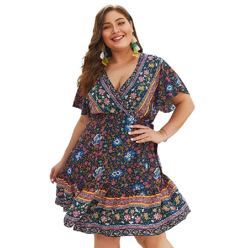 silk dressV-neck print plus size dress