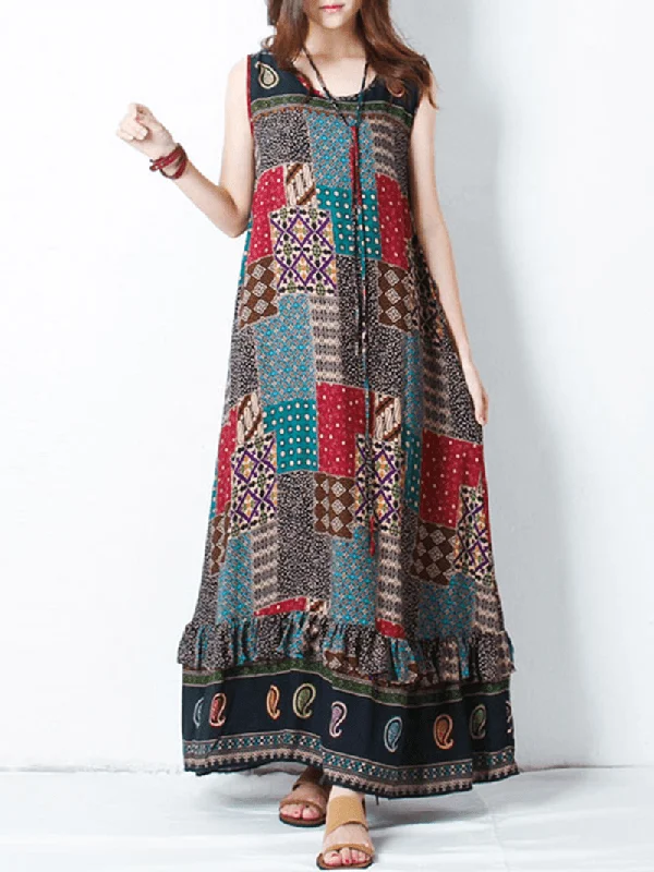 sleek dressBohemian Women Sleeveless O-Neck Printed Maxi Tank Dress