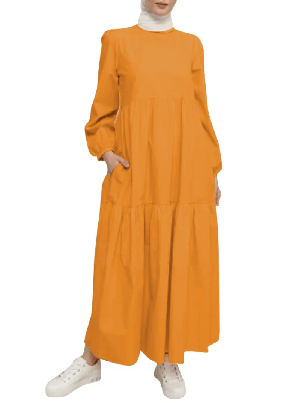 minimalistic dressWomen Solid Crew Neck Layered Back Buttons Abaya Kaftan Dress