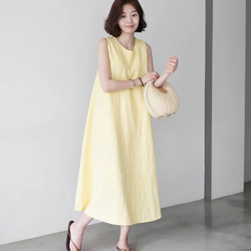 chic dressCotton Linen Sleeveless Vest Loose Slimming Dress Women