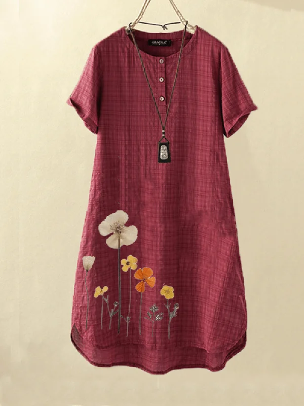 comfy dressWomen Flower Print High-Low Hem Short Sleeve Casual Dress