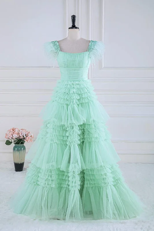 casual shift dressMint Green Floral A-line Layers Long Prom Dress with Feather