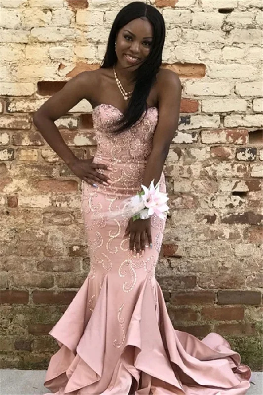 Sneak Peek Sale Pink Gorgeous Mermaid Strapless Ruffles Crystal Prom Dresses