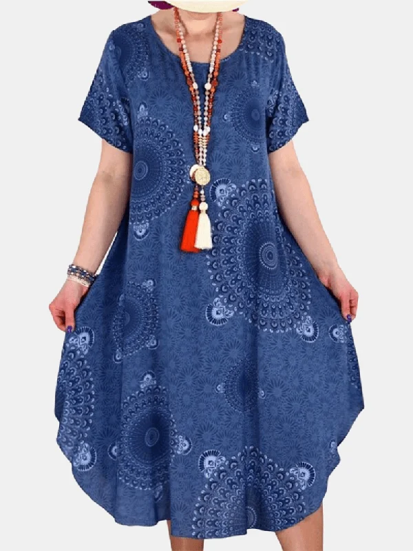 playful dressWomen Tribal Print round Neck Short Sleeve Vintage Dresses