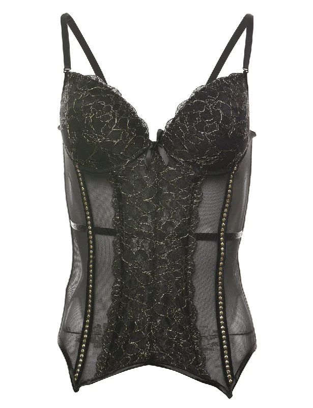 Best Seller Black & Gold Sheer 1990s Lace Bustier - S