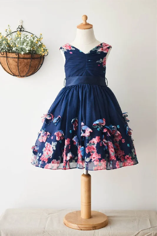 sleek midi dressV-neck Floral Nacy Blue Flower Girl Dress