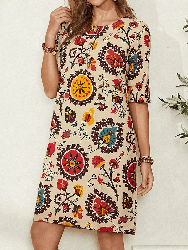 fitted cocktail dressEthnic Style Print round Neck Bohemia Casual Midi Dress for Women