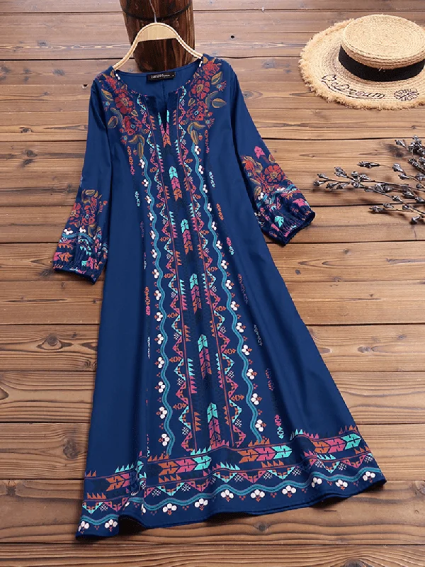 elegant maxi dressWomen Vintage Floral Print V-Neck Puff Sleeve Dress