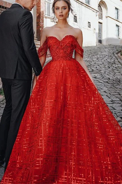 Crazy Savings Unique Red Off-the-shoulder Sparkle Puffy Evening Dress