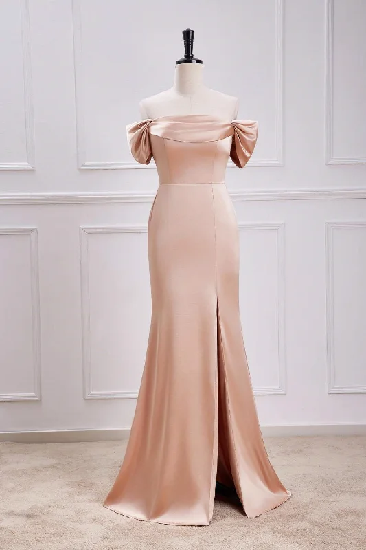 wool dressChampagne Off-Shoulder Mermaid Satin Long Bridesmaid Dress with Slit