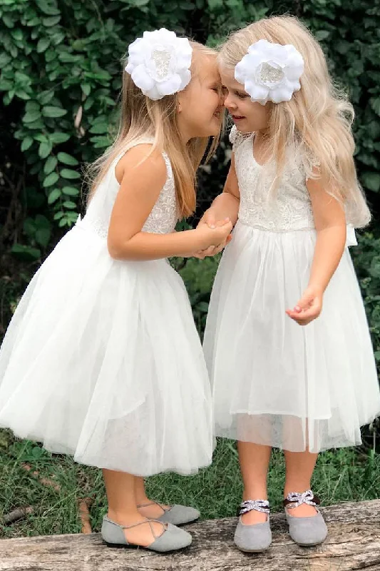 wool dressPrincess White Tea Length Flower Girl Dress