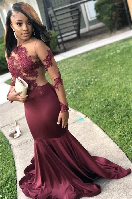 Clearance Sale Burgundy Long Sleevess Open Back See-Through Appliques Mermaid Prom Dresses Clearance Sale Burgundy Long Sleevess Open Back See-Through Appliques Mermaid Prom Dresses
