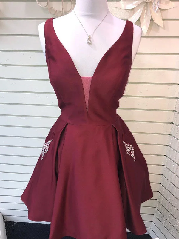 Online Specials Sexy V-Neck Burgundy Satin Cute Homecoming Dress with Pockets AN8801 Online Specials Sexy V-Neck Burgundy Satin Cute Homecoming Dress with Pockets AN8801
