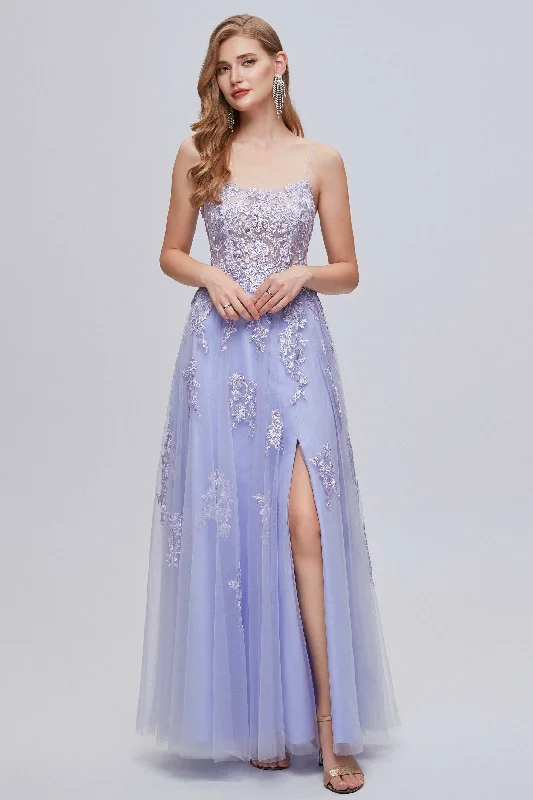 casual midi dressLilac Appliques Lace-Up A-Line Long Prom Dress with Slit