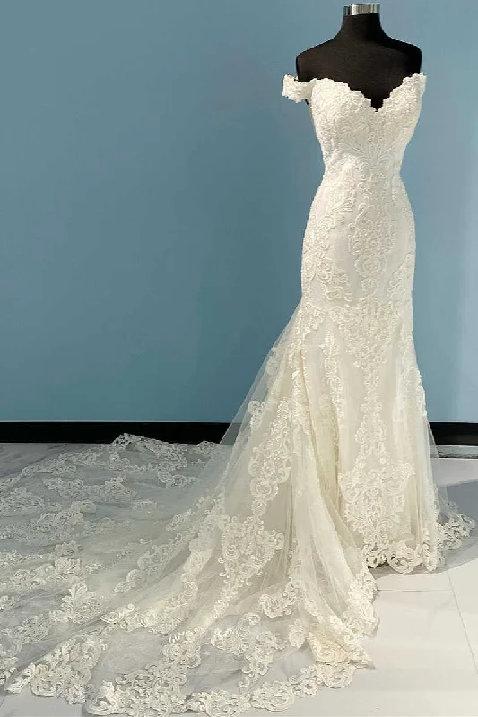 cocktail dressLong White Lace Off-the-Shoulder Mermaid Wedding Dress