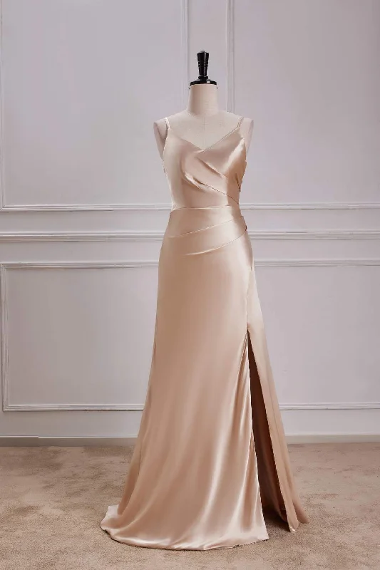 casual knit dressChampagne V Neck A-line Satin Silp Long Bridesmaid Dress with Slit