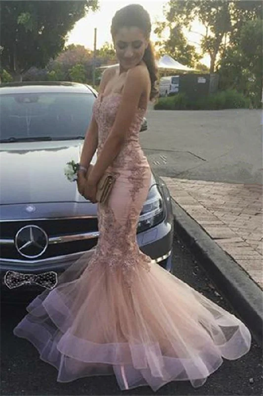 Price Fest Strapless Mermaid Lace Appliques Ruffled Tulle Pink Prom Dresses