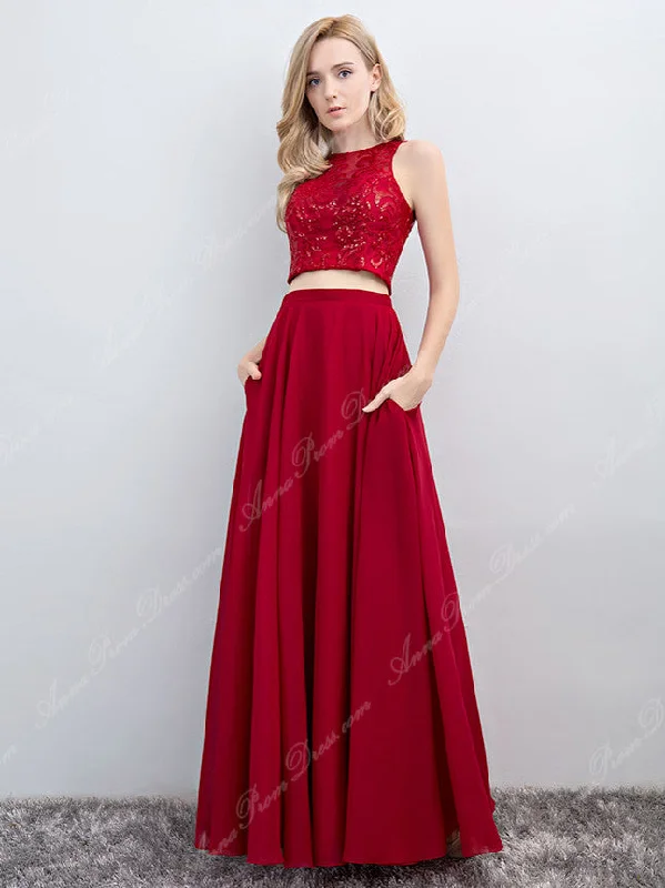 Holiday Sale Two Piece Prom Dresses Scoop Lace Long Simple Burgundy Prom Dress Sexy Evening Dress JKL696