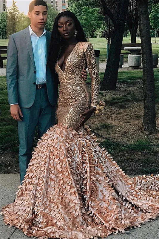 Super Bargain Gorgeous Lone-Sleeves V-Neck Applique Long Mermaid Prom Dresses