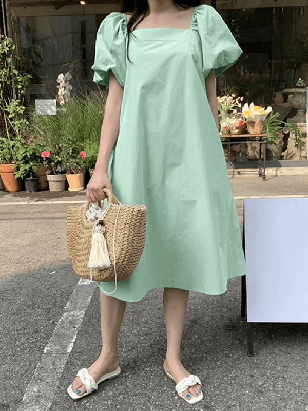 off-shoulder dressPuff Sleeve Square Collar Plain Solid Color Casual Midi Dress with Pocket