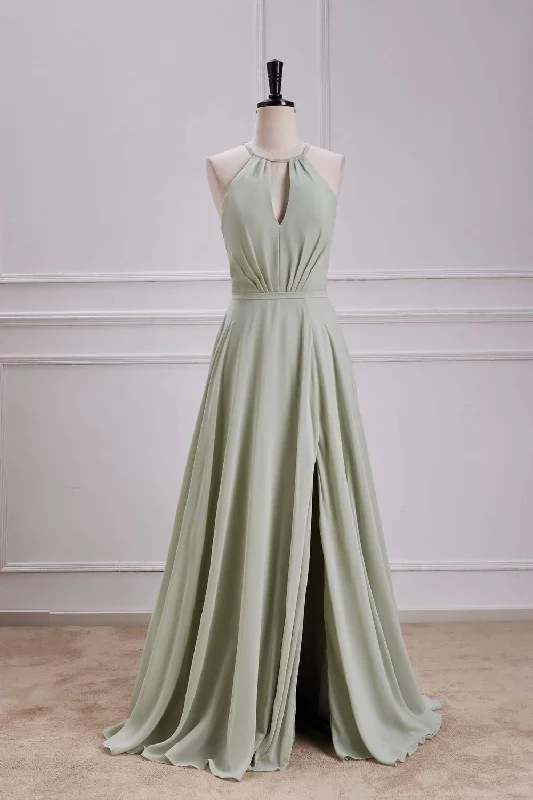 midi dressDusty Sage Keyhole A-line Halter Long Bridesmaid Dress with Slit