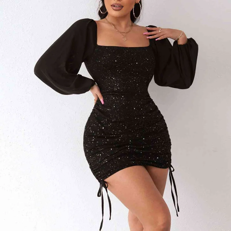 comfy maxi dressSquare Neck Drawstring Ruched Sequin Long Sleeve Short Dress