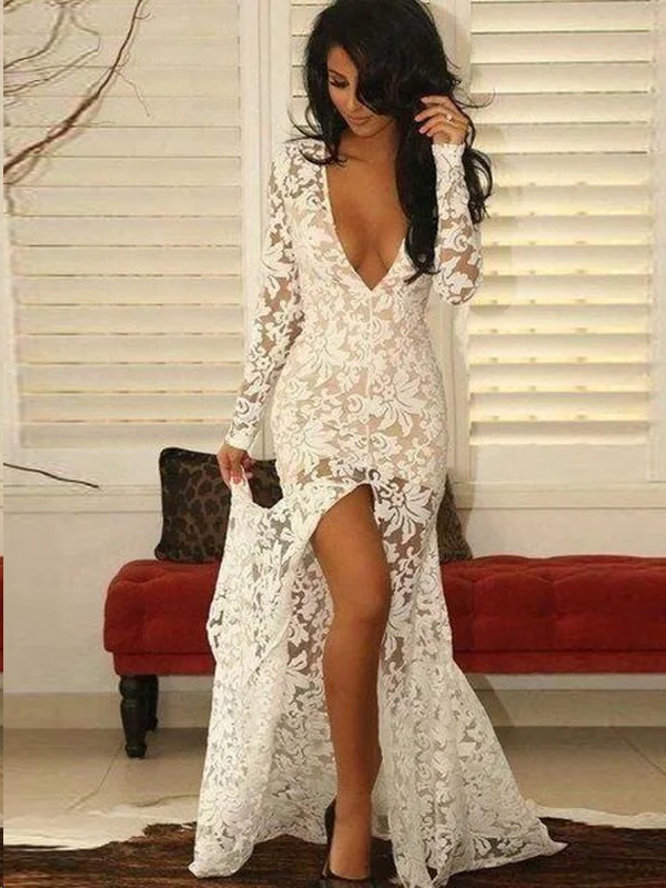 Act Now Long Sleeve Prom Dresses with Slit Deep V Lace Prom Dress Sexy Evening Dress JKL1315 Act Now Long Sleeve Prom Dresses with Slit Deep V Lace Prom Dress Sexy Evening Dress JKL1315