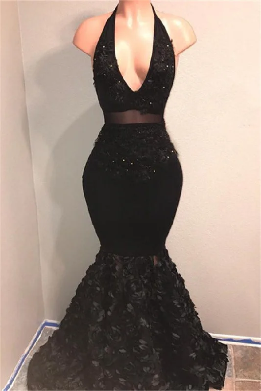 Exclusive Savings Black V-Neck Prom Party Gowns| Mermaid Evening Gown With Flowers Bottom Exclusive Savings Black V-Neck Prom Party Gowns| Mermaid Evening Gown With Flowers Bottom