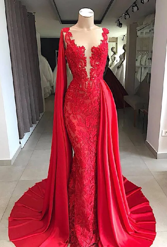 Extra Discounts Lace Long Evening Dresses Sleeveless Red Prom Dresses with Cape