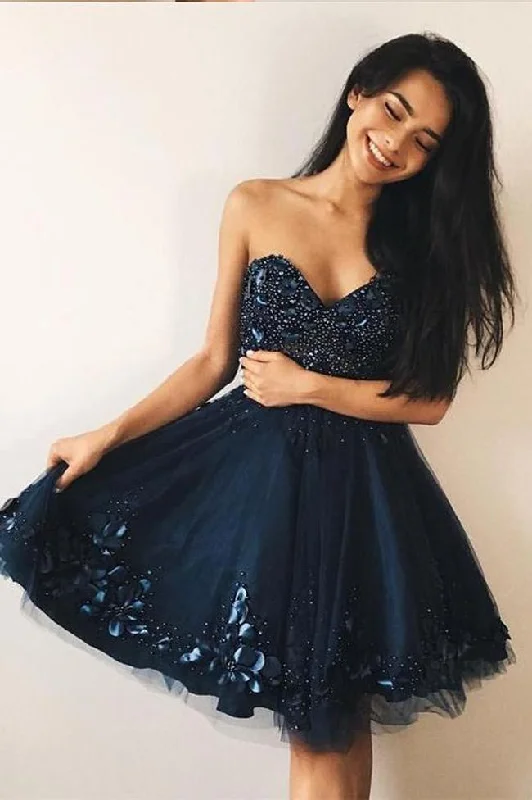 Time-Limited Offer Navy Blue Sweetheart Hand Flowers Beaded Short Prom Dress Homecoming Dresses Hoco Gowns NA3014