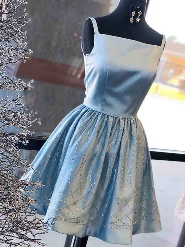 Massive Deals Blue Satin Beading Square Neck Sleeveless Homecoming Dresses AN1203