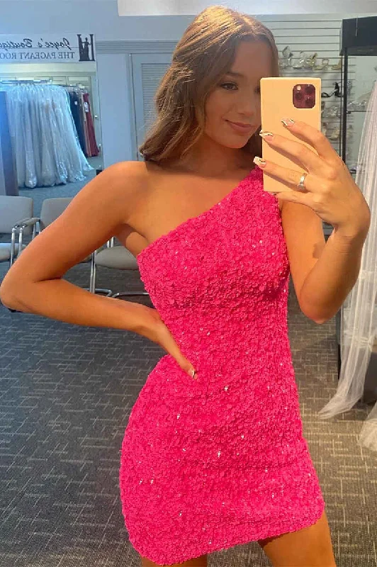 lace dressHot Pink Sequin One-Shoulder Mini Homecoming Dress