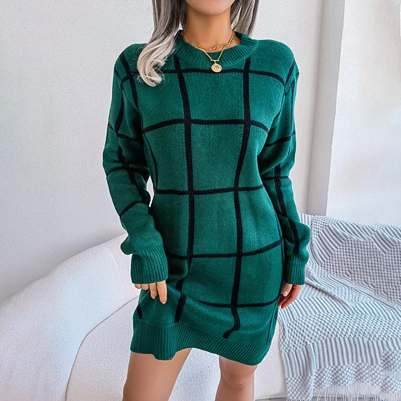 v-neck dressCasual Plaid Knit Dress