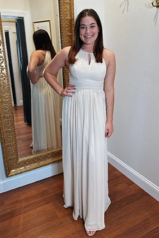 luxury dressWhite Chiffon Halter Keyhole Long Bridesmaid Dress