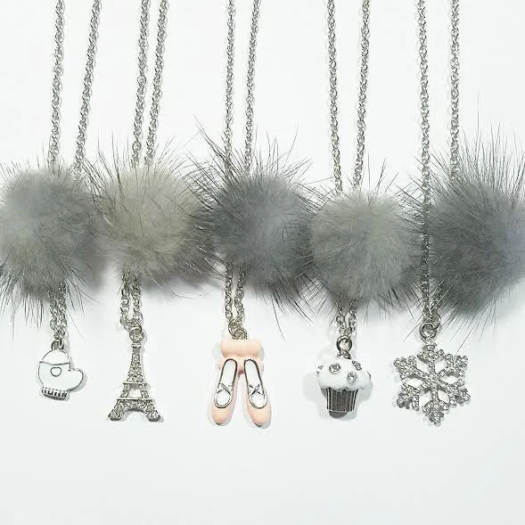 Grand Opening Sale ruched dressHeart Me Grey Fur Pom Necklaces